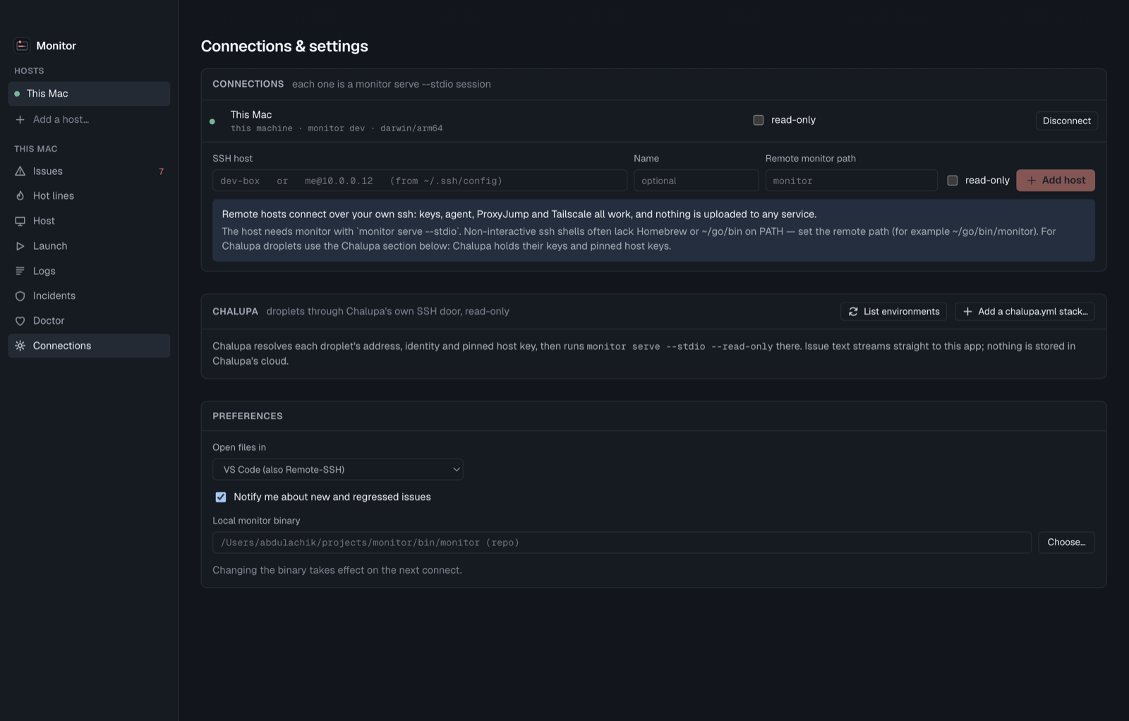 Connections: this Mac, SSH hosts and Chalupa environments