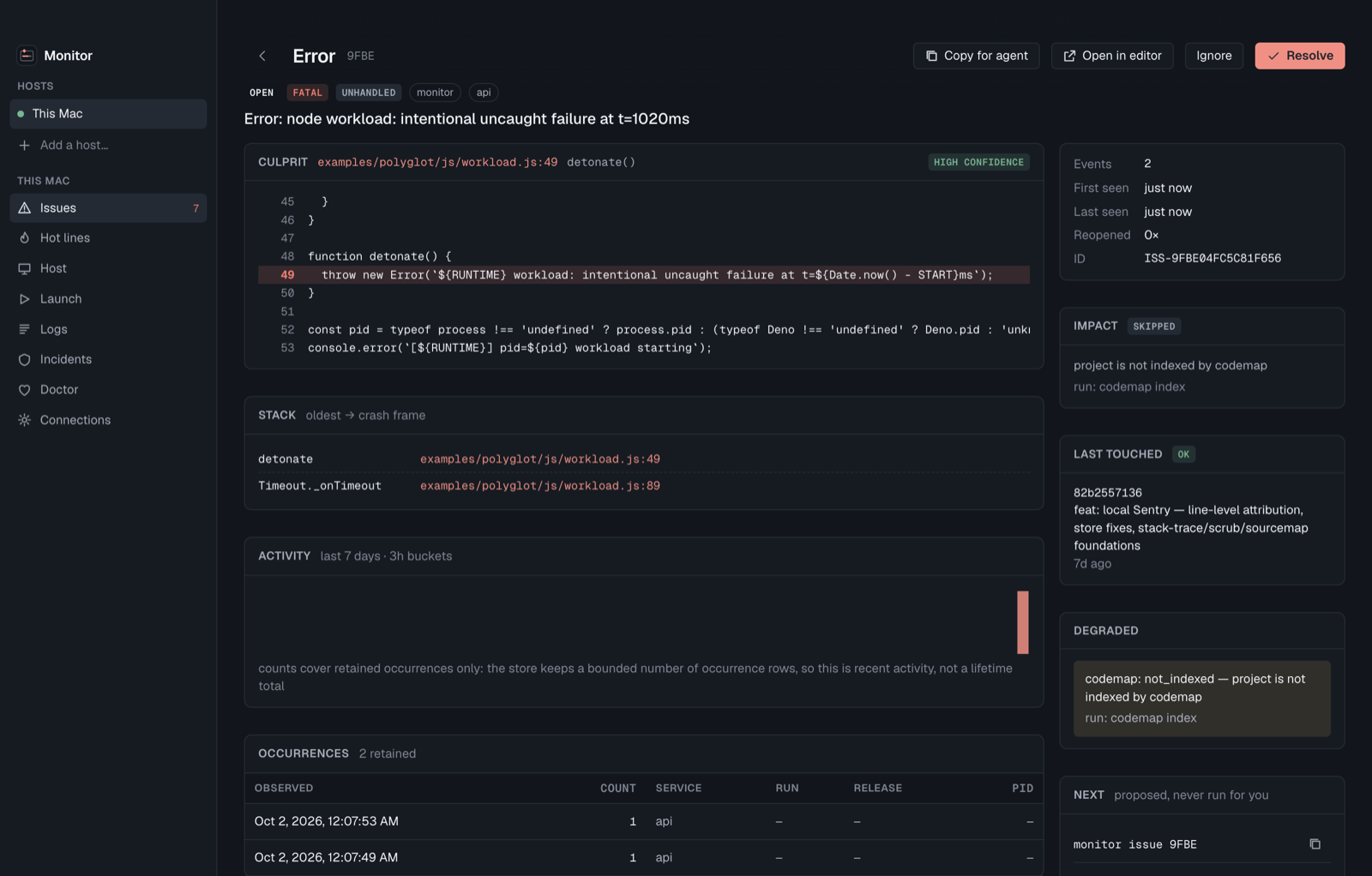 The issue page: culprit line with source, stack, impact, last commit and next steps